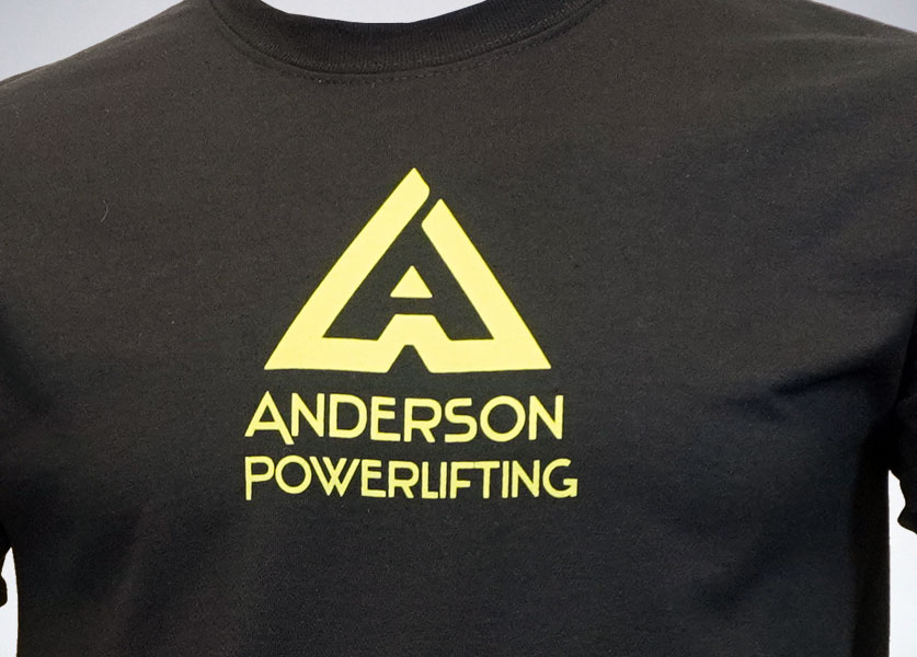 close up of anderson powerlifting new logo t-shirt
