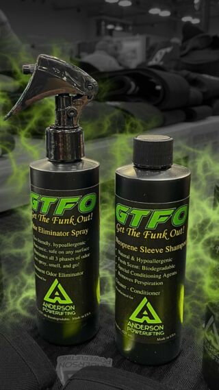 @kayslayfitness shared this in her stories last week and we thought more people should see it 💅🏼

Get The Funk Out is available exclusively at Anderson Powerlifting and is every gym bags friend. 

GTFO Odor Eliminator Spray – Destroys odors at their source to permanently eliminate odor instead of masking it. Hypoallergenic, non-toxic.

GTFO Neoprene Sleeve Shampoo – Natural and hypoallergenic, fresh scent. Can be diluted or used full strength with GTFO Odor Eliminating Spray as a pre-wash for heavy odor removal.

So grab a bottle and spray down your funky sleeves, gym bag, suits, or anything else that needs deodorized!